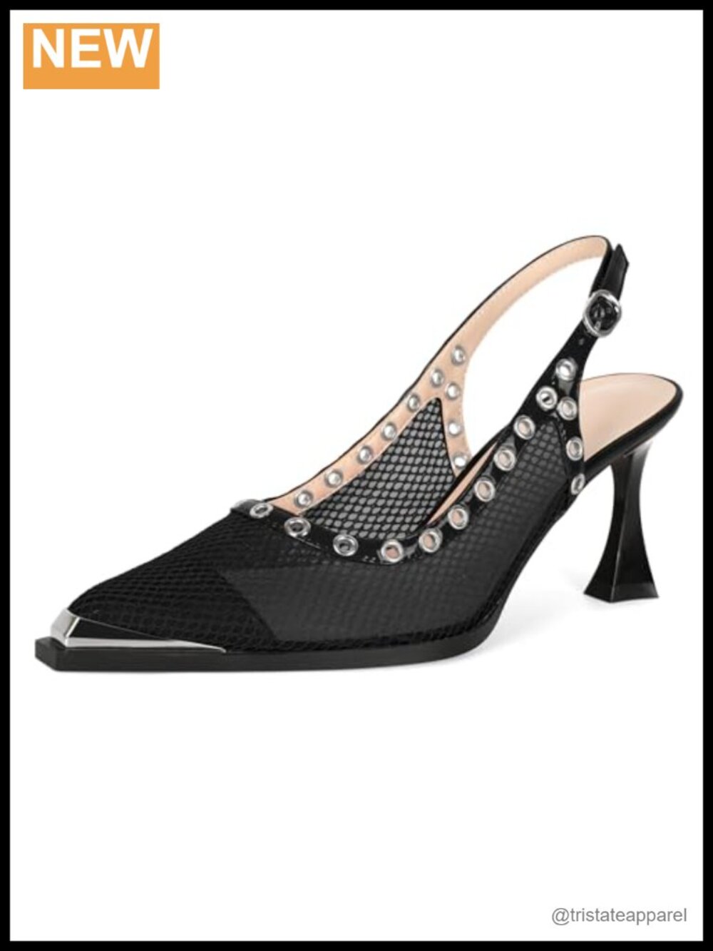 Women's Mesh Slingback Pumps Square Toe Buckle 3 Inch Flared Heel